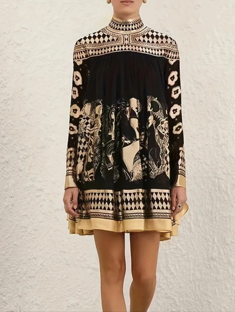Black & Gold High-Neck Printed Swing Dress - Picture 6 of 7